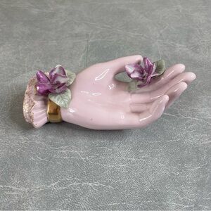Vintage “Lefton China” Pink Porcelain Hand Figurine w/ Purple Flowers Ring Dish